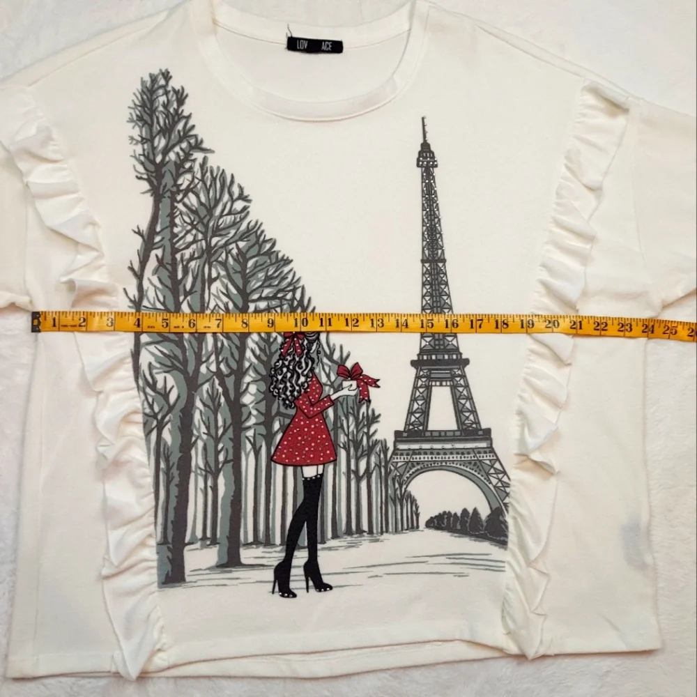 Love + Lace Cream Eiffel Tower & Lady Winter Scene Ruffle Detail Sweatshirt 3X - Picture 4 of 11